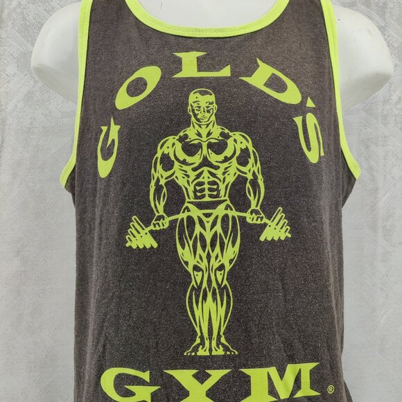 Gold's Gym Tank Top Mens Large Gray Neon Yellow Muscle Graphic Made USA Workout - Picture 2 of 9